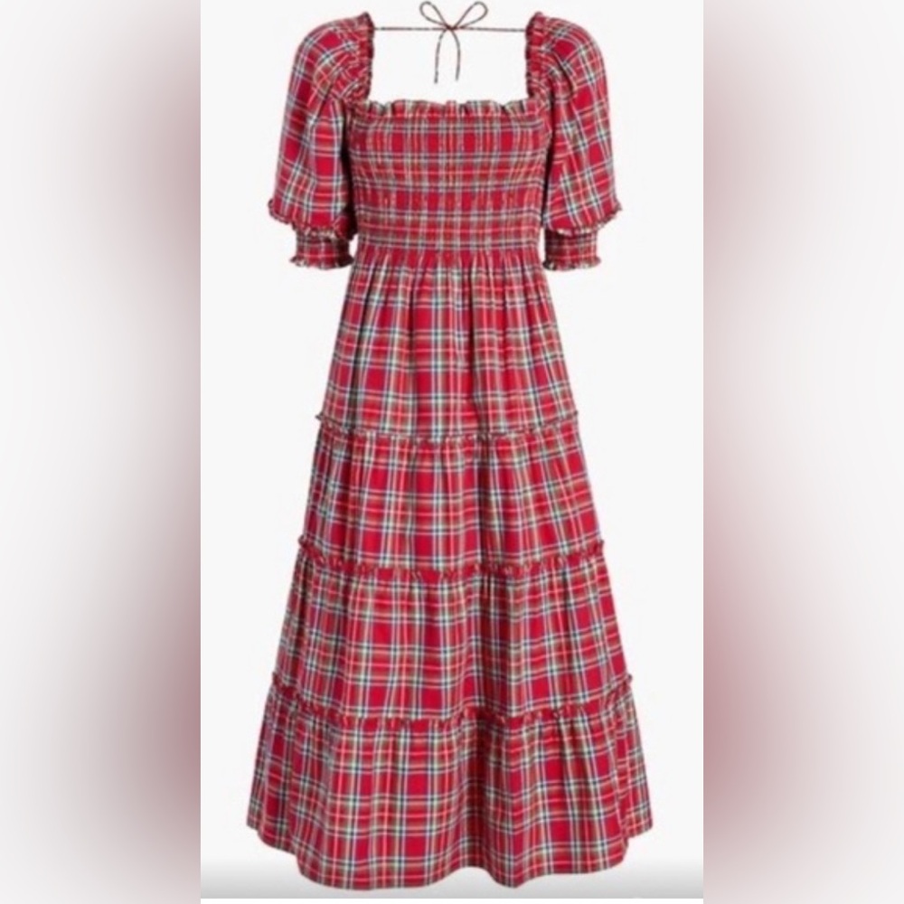 Hill House Home Nesli Tartan Plaid Midi Dress Red Green
